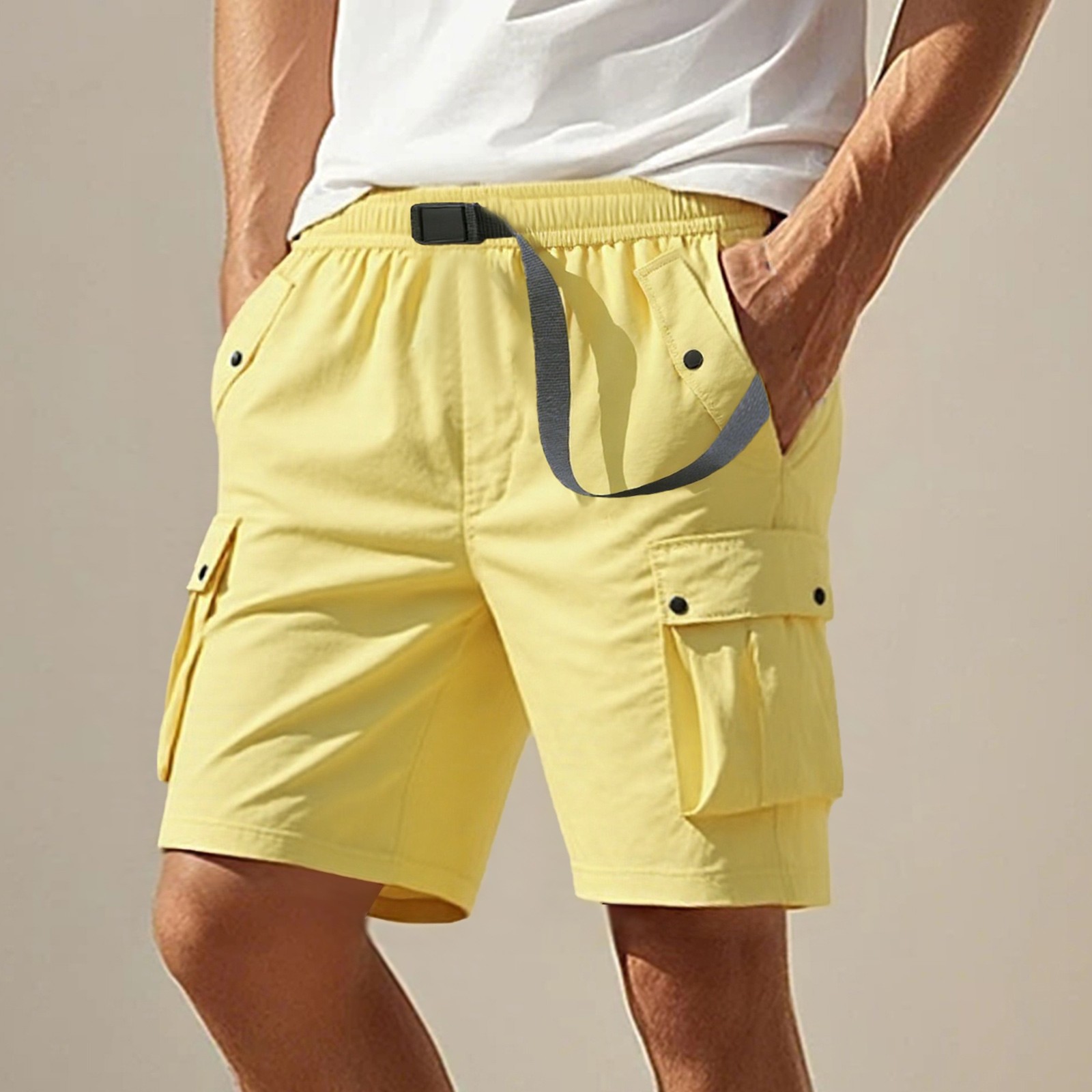 thumbnail image 2 of Pantalones cortos deportivos para hombre - Color liso, bolsillo con hebilla - Poliéster, holgados y cómodos, tallas M-XXXL, 2 of 4
